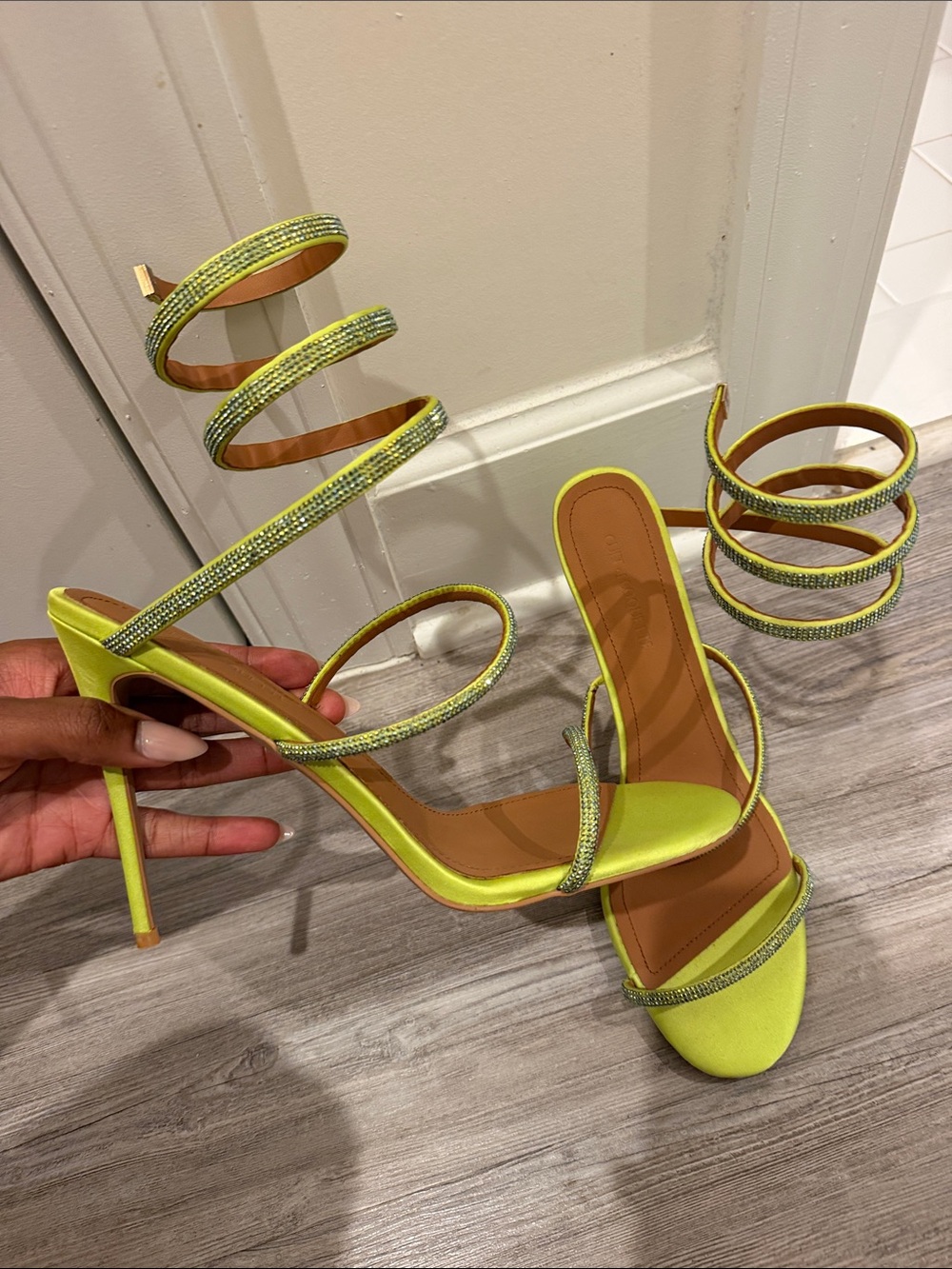 Neon Yellow Spiral Strap Stiletto Heels